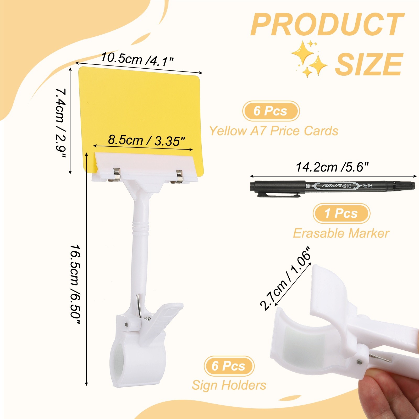 6 Pcs Sign Holders with Yellow A7 Plastic Cards & Erasable Marker, White