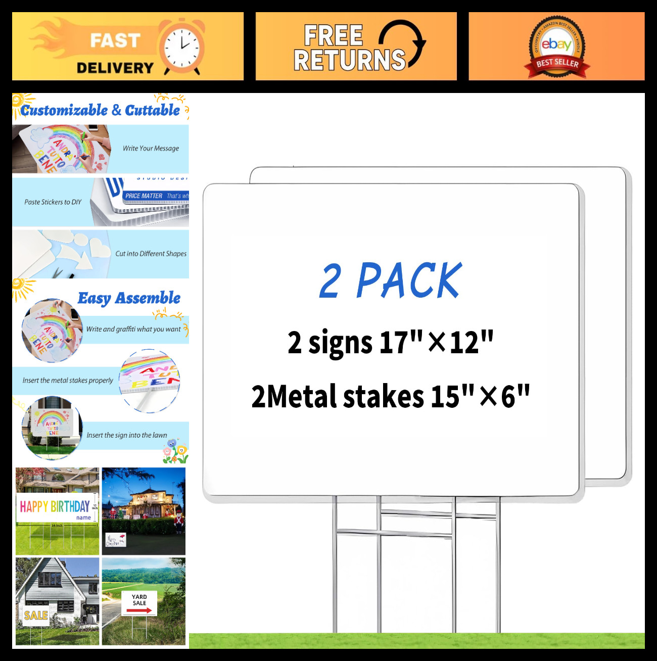 Blank Yard Signs with Stakes – 2 Pack 17×12&Prime; Double-Sided Corrugated Plastic for