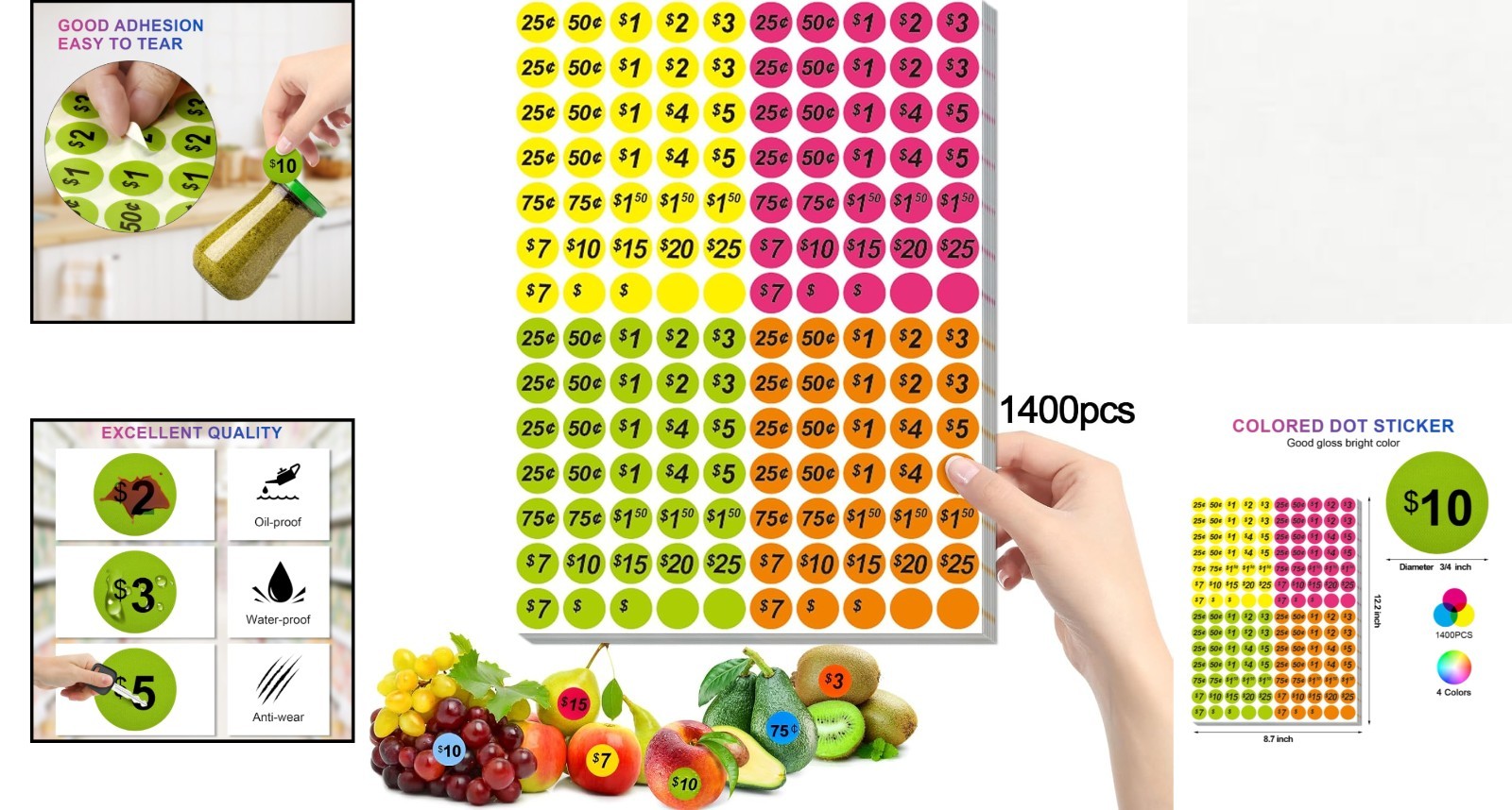 4 Colours Price Dot Stickers, 1400 Count – Ideal for Flea Markets & Sales