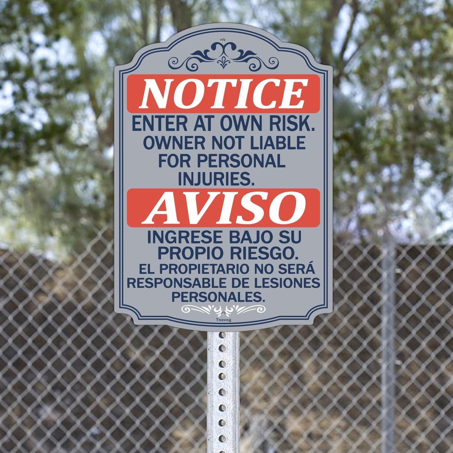 Notice Enter At Own Risk Bilingual Metal Security Signs 14×10 Inch 2 PCS