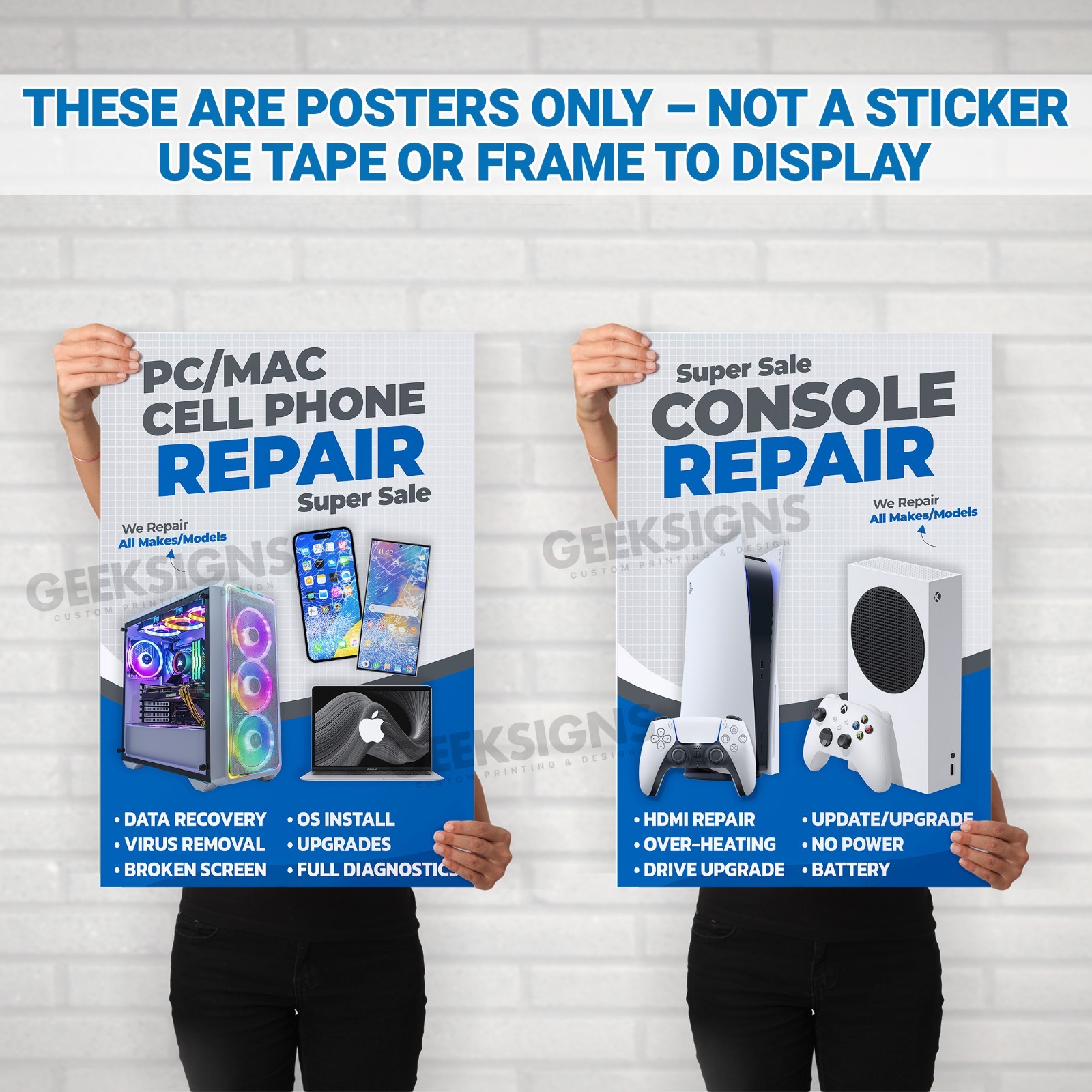 Set of 2 Repair Posters PC Mac Cell Phone Console Storefront Paper Signs 2x3ft