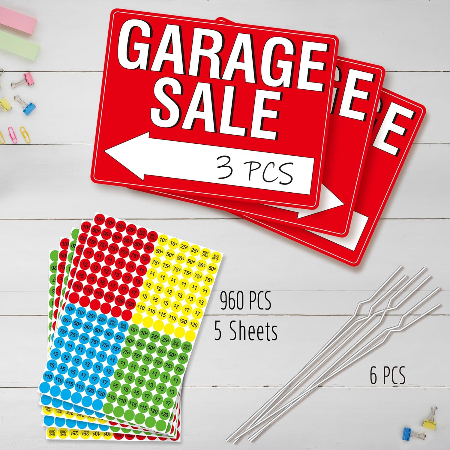 Garage Sale Sign, 3PCS Double Sided Yard Sale Signs with 6 Metal Stakes & 960 Sa