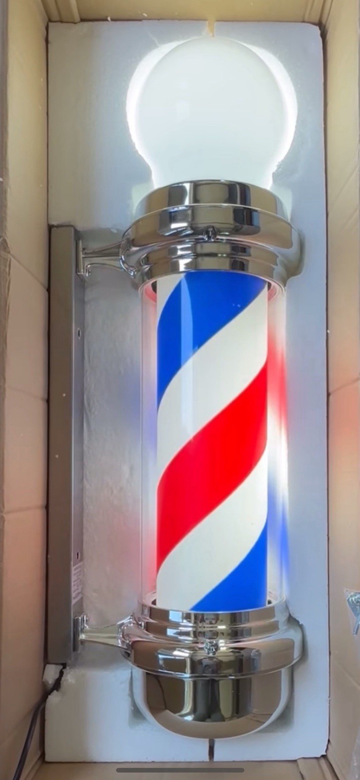 Illuminated Barbershop Pole Wall Mounted Sign Red White Blue Plastic Metal
