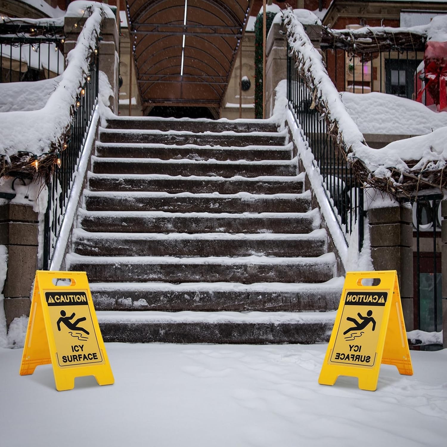 2 Pieces 24.5 x 12.6 Inch &lsquo;Caution – Icy Surface&rsquo; 2 Sided Folding Floor Sign …