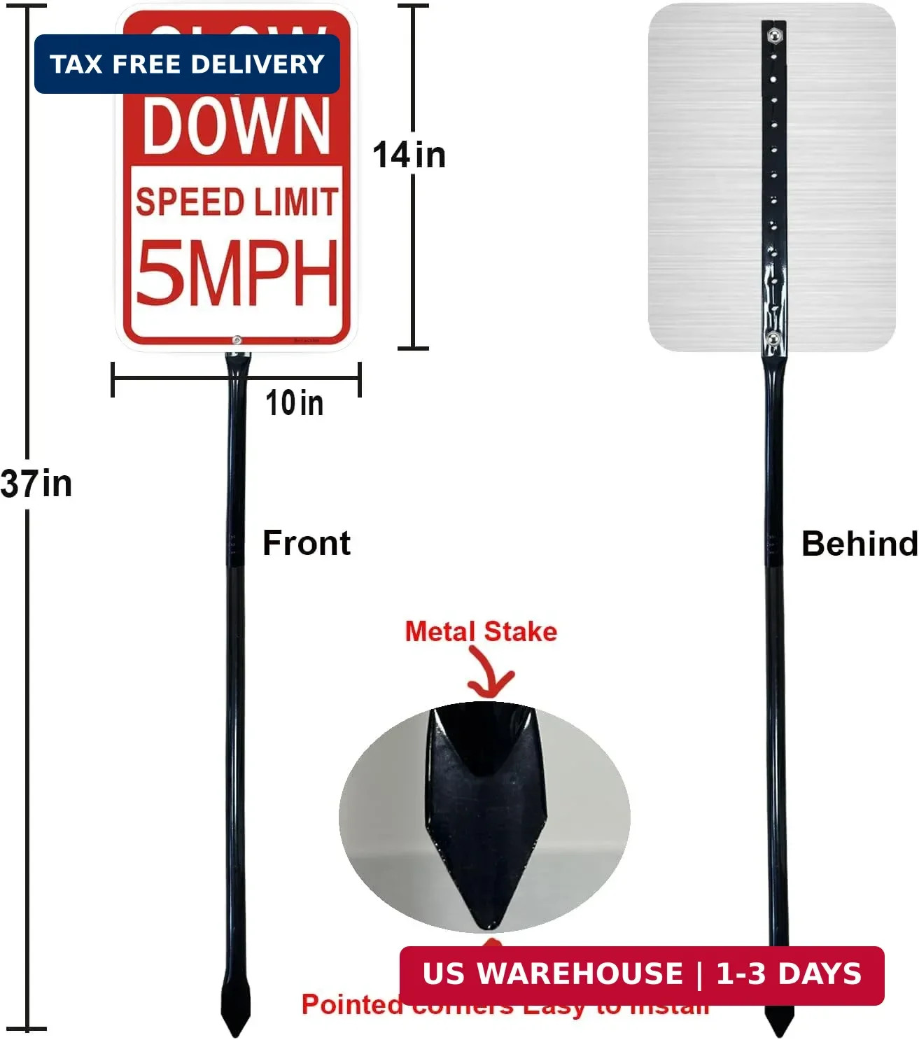 2 Pack Slow Down Sign, Speed Limit Sign 5 MPH, 36 Inches Metal Stakes, 14×10 Inc