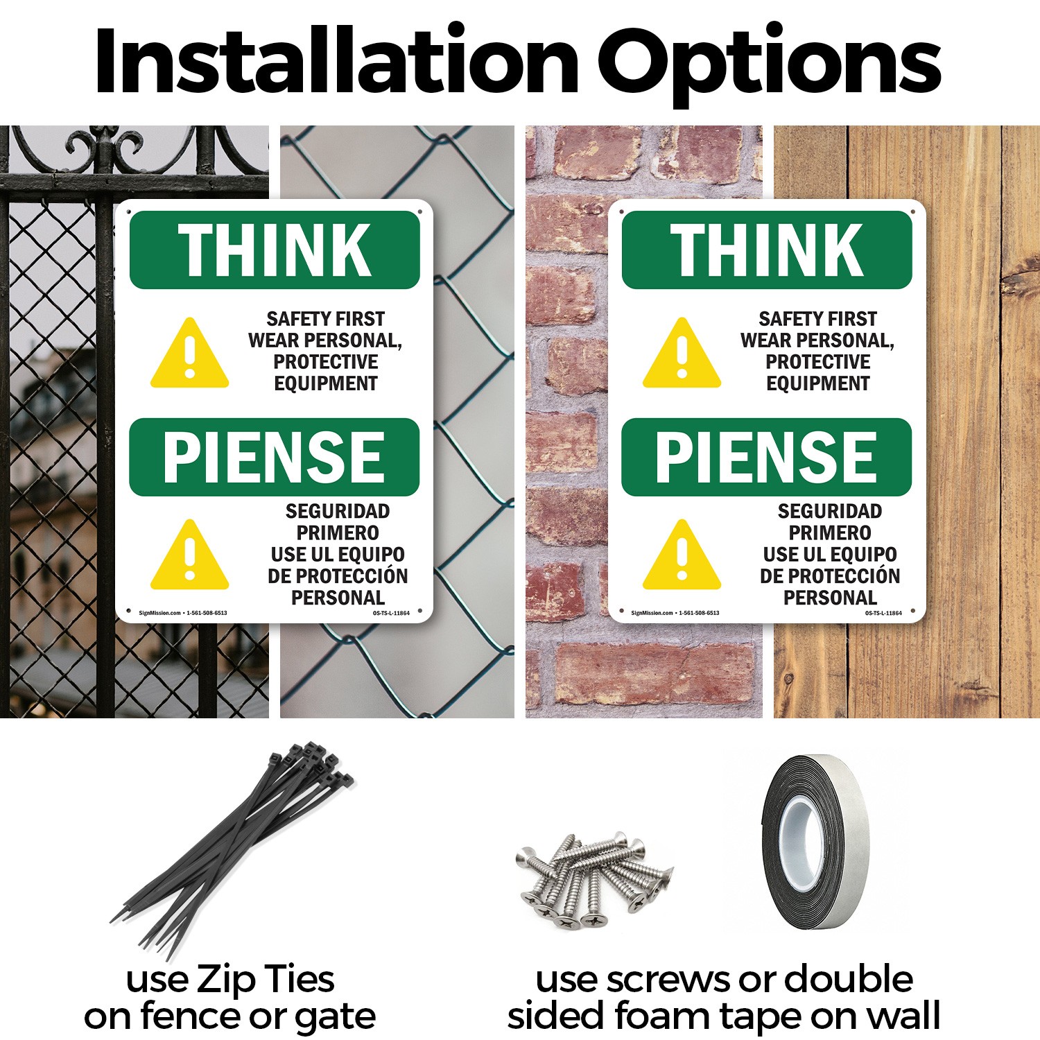 Wear PPE Symbol Bilingual OSHA Think Sign Metal, Plastic, Decal – 5 or 10 Pack
