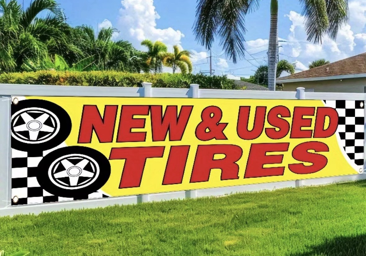 Auto Business Hanging Banner Sign Yellow Red Black White 118×39.4 in w/ Hardware
