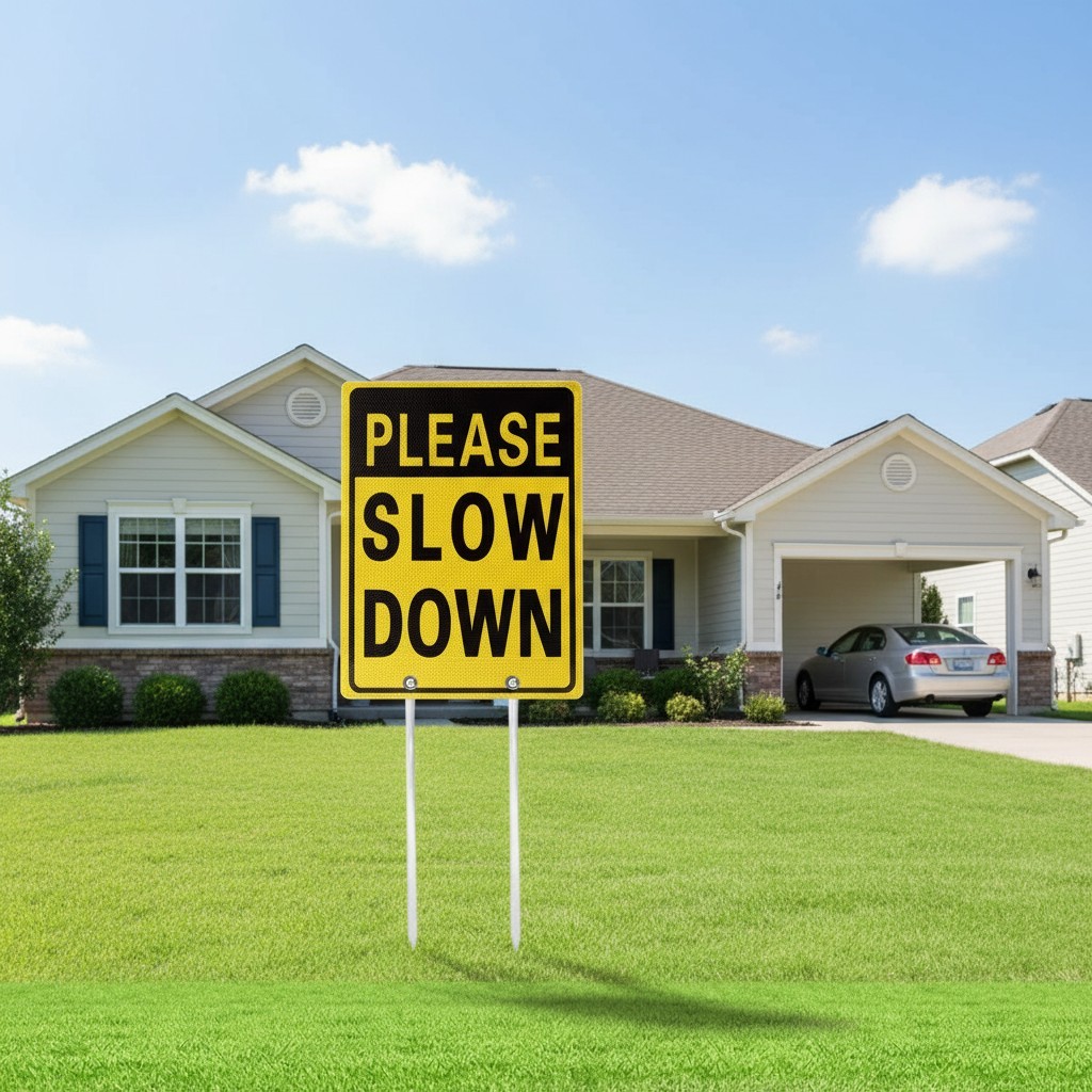 Please Slow Down Double Sided Aluminum Reflective Metal Sign with Metal Stakes
