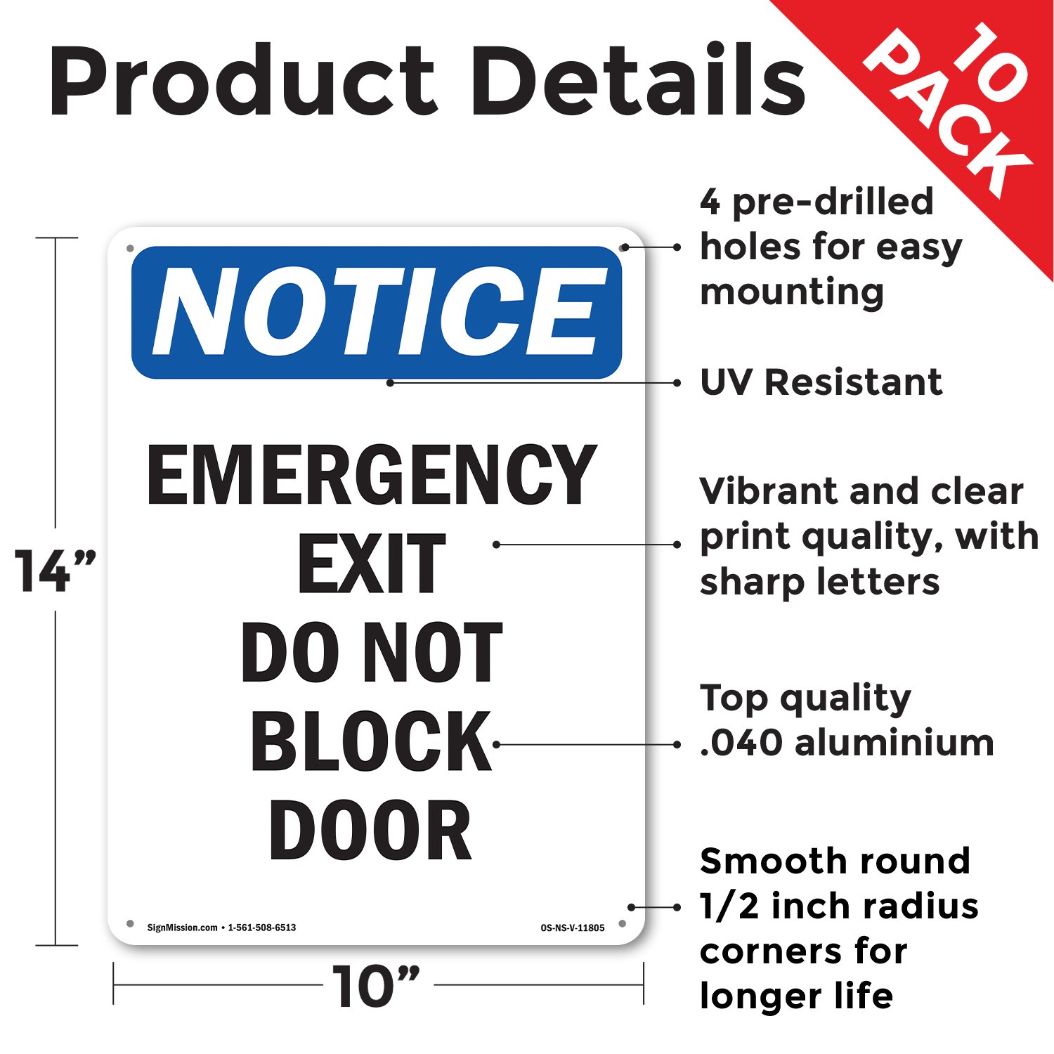 Emergency Exit Do Not Block Door OSHA Notice Sign Metal, Decal – 5 or 10 Pack