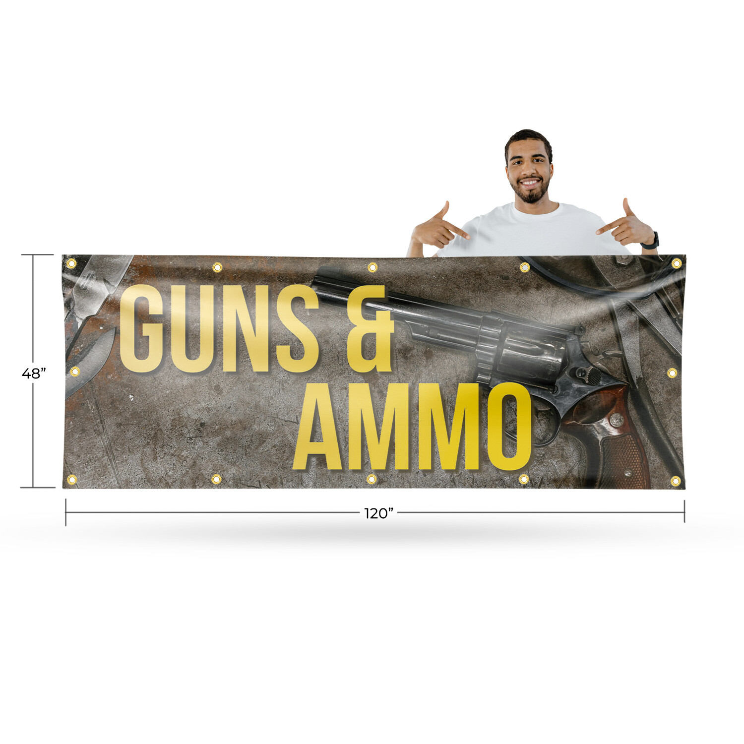 Guns Ammo 13 oz Vinyl Banner Sign with Metal Grommets Heavy-Duty Single-Sided
