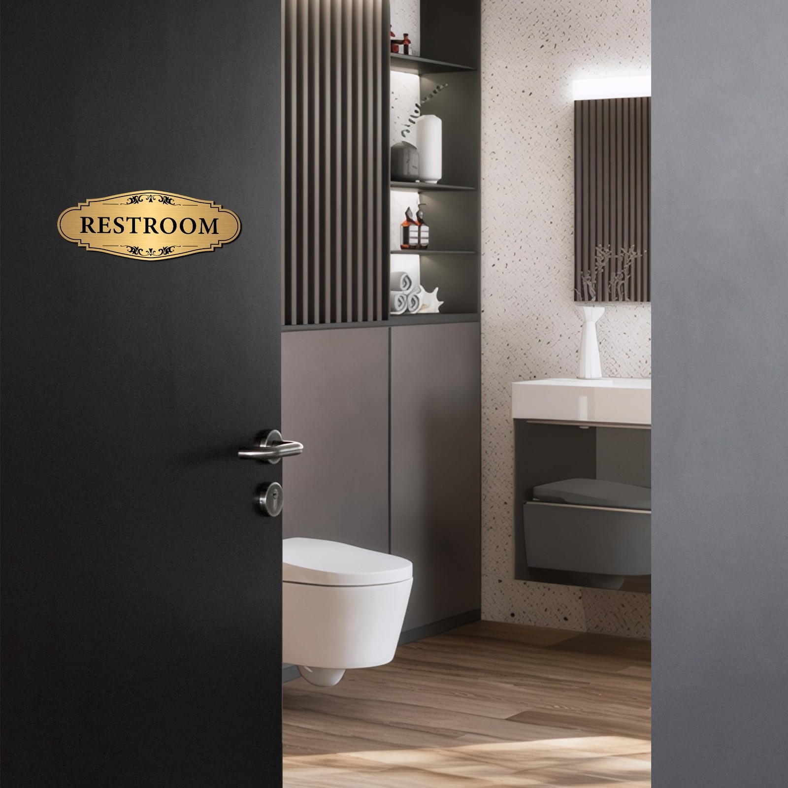 Restroom Sign Sticker for Business & Home, 9IN, Gold 012