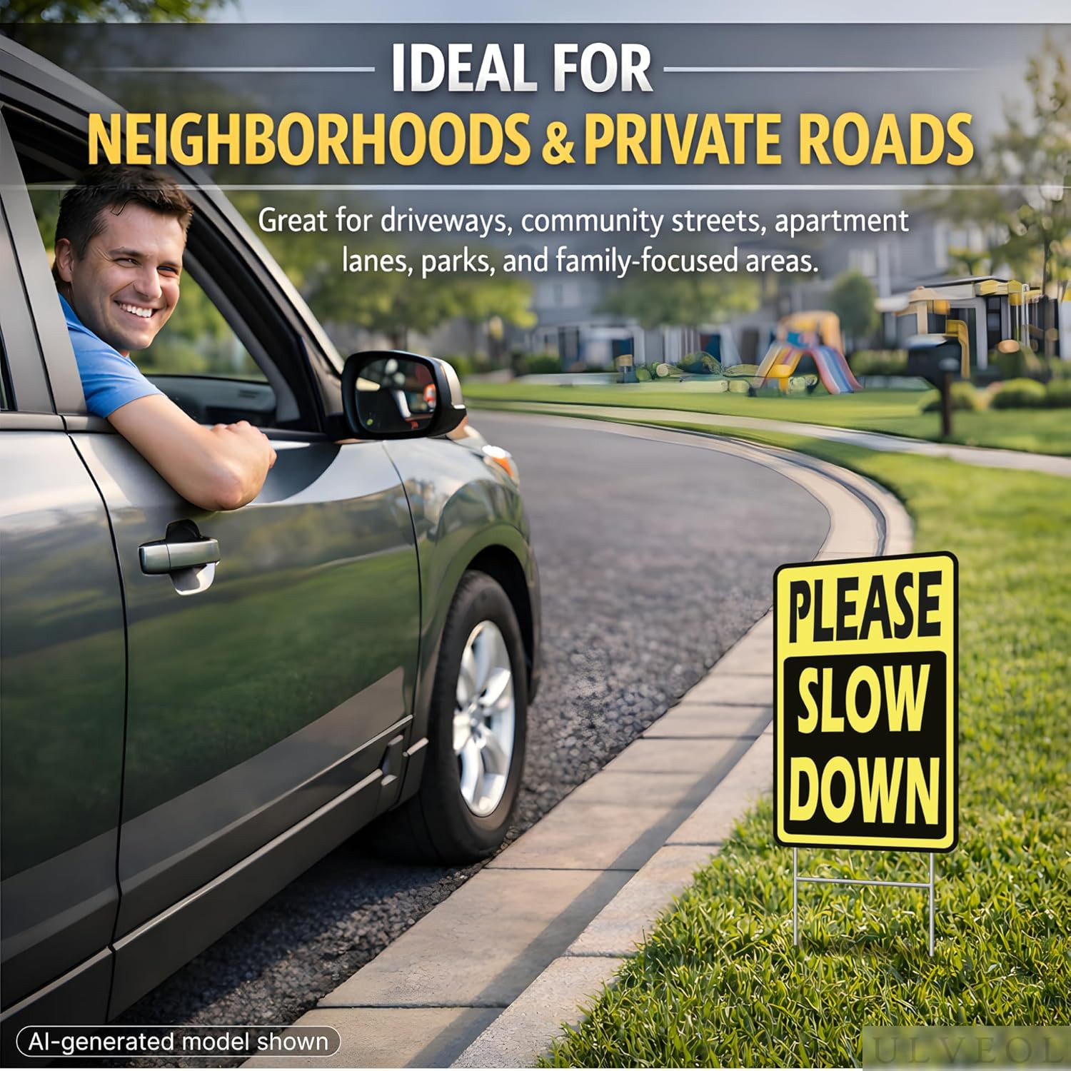 Set of 3 Double Sided 8×12 Inches « Please Slow Down » Sign with Metal H-Stakes…