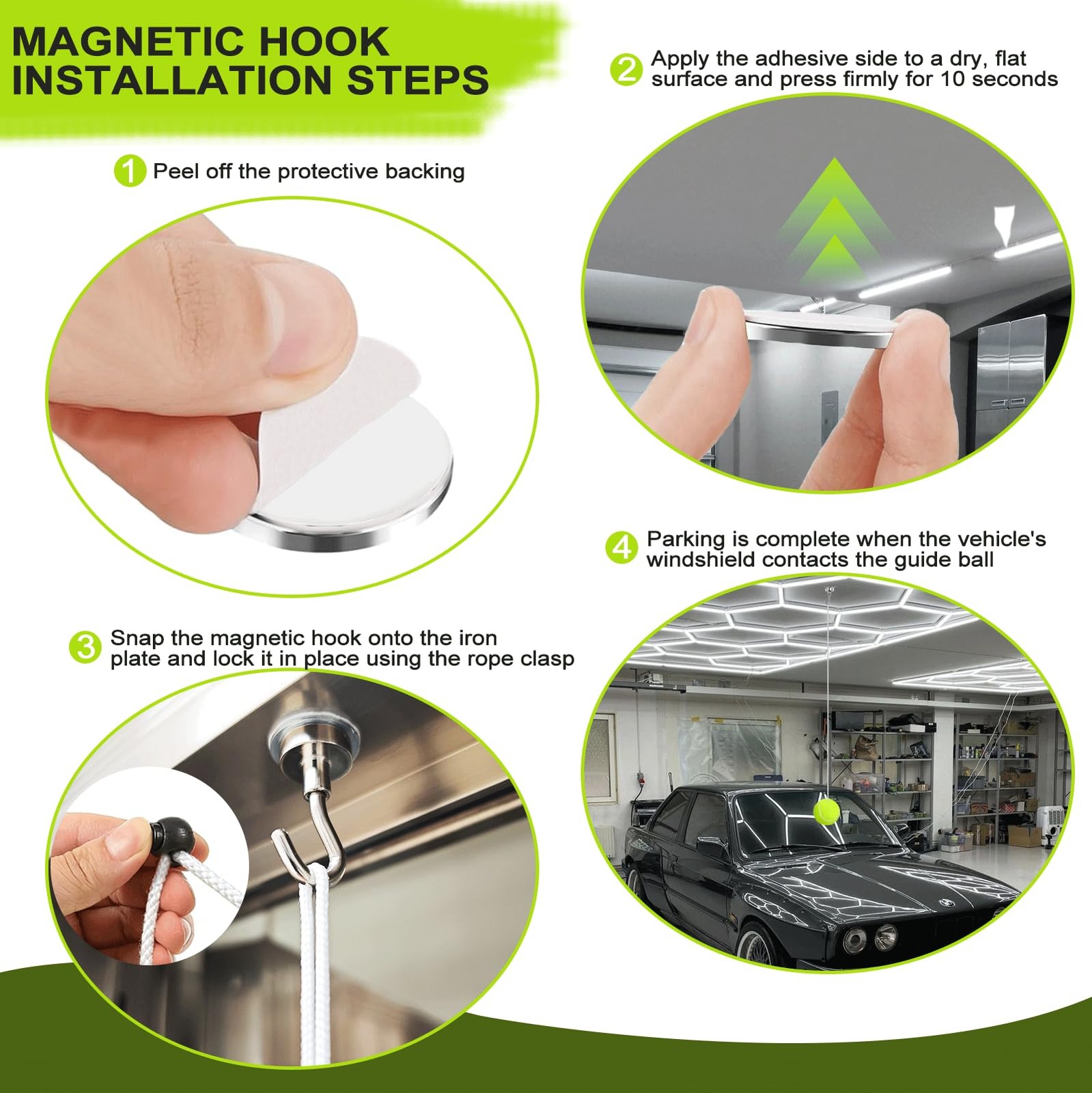 Dnairtly Garage Parking Aid with Magnetic & Screw Hooks, 2 Pack Tennis Green