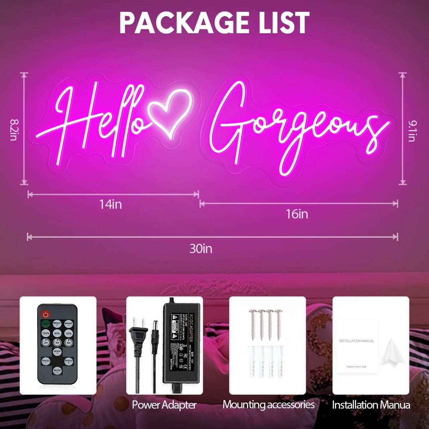 30×9 Inch Hello Gorgeous Neon Signs, Pink Hello Beautiful Led Light UP Sign