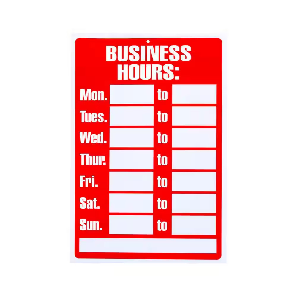 8 In. X 12 In. Plastic Business Hours Sign