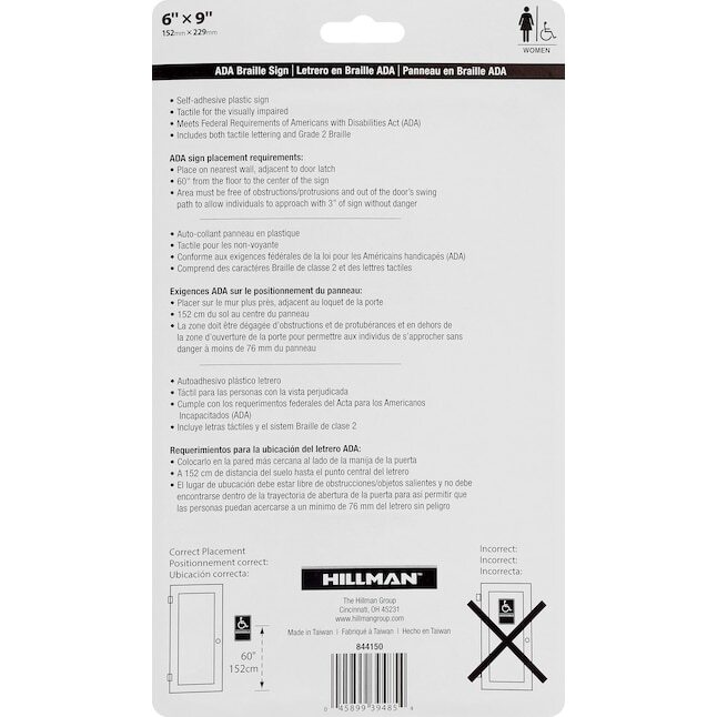 Hillman Women Restroom Door Wall Sign ADA w/ Braille – Black & White – 6&Prime; x 9&Prime;