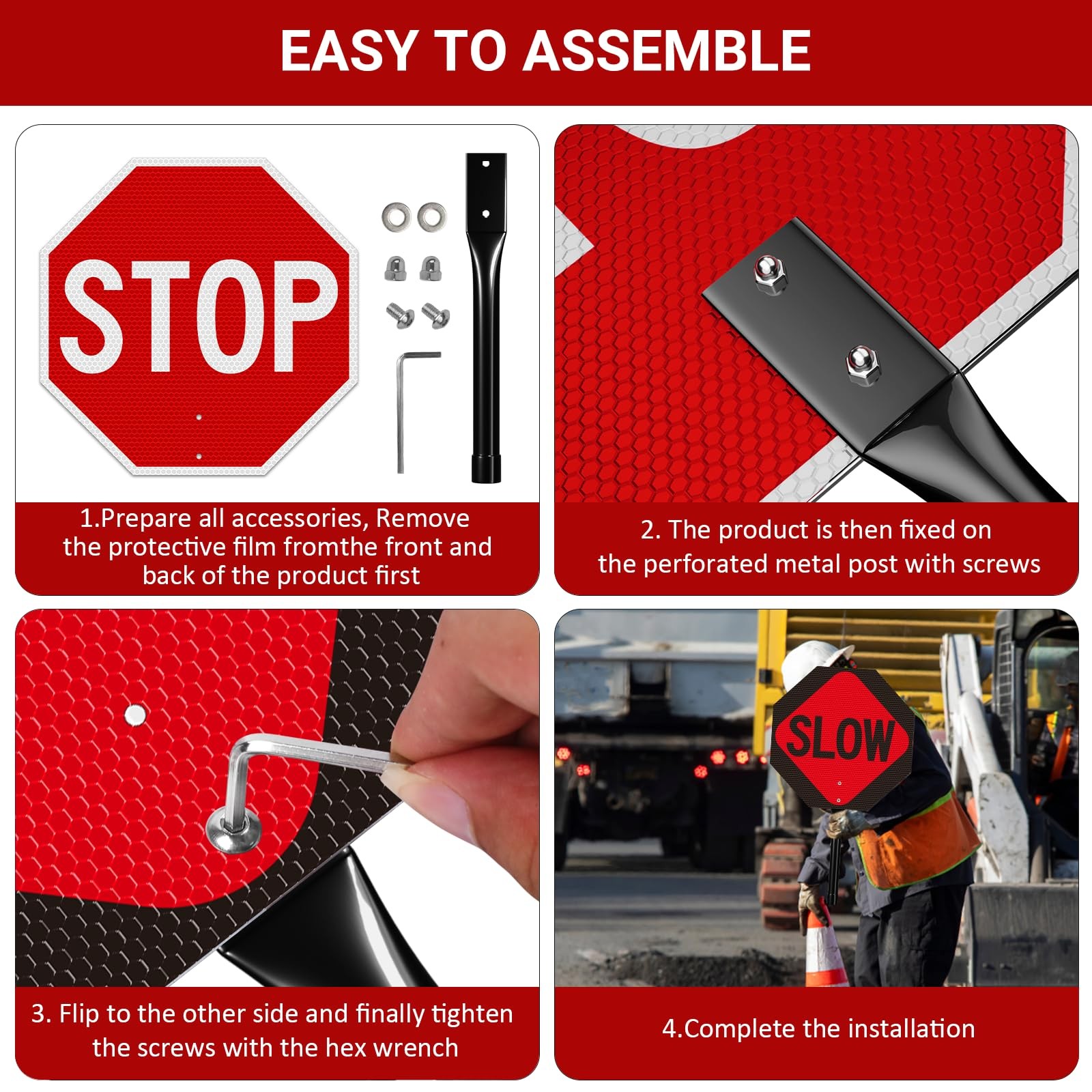 13×13 Inch Double Sided Stop/Slow Traffic Sign Aluminum Reflective With Handle