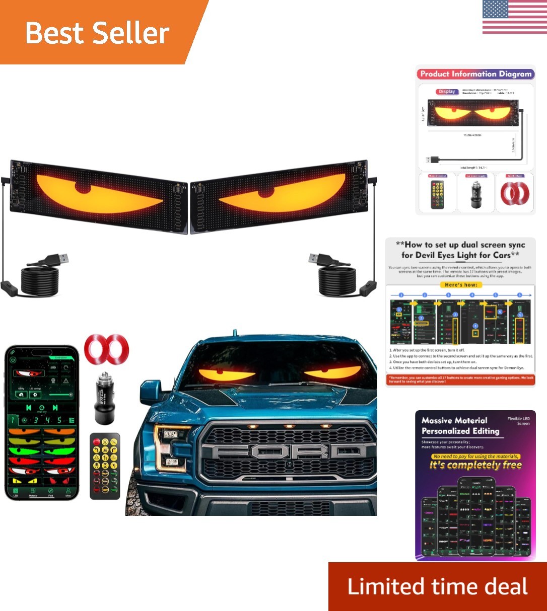 Devil&rsquo;s Eye 2-Pack: Color-Changing LED Windshield Display for Cars & Trucks