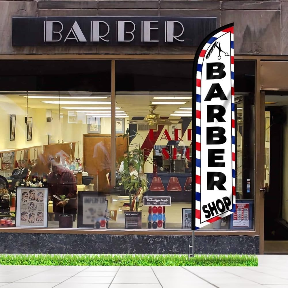 NEW Barber Shop Feather Flag 15ft Pole Ground Spike Business Banner White Set