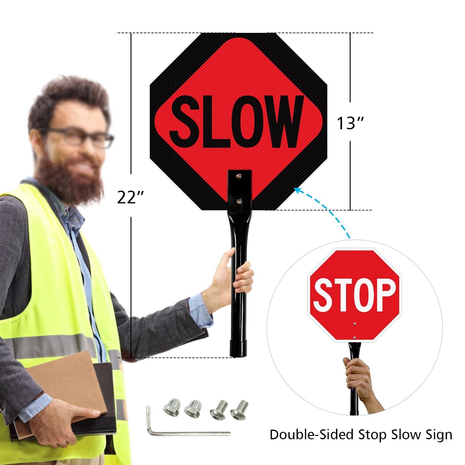 Stop Slow Sign with Metal Handle 13×13 inches Double Sided Slow/Stop sign Tra…