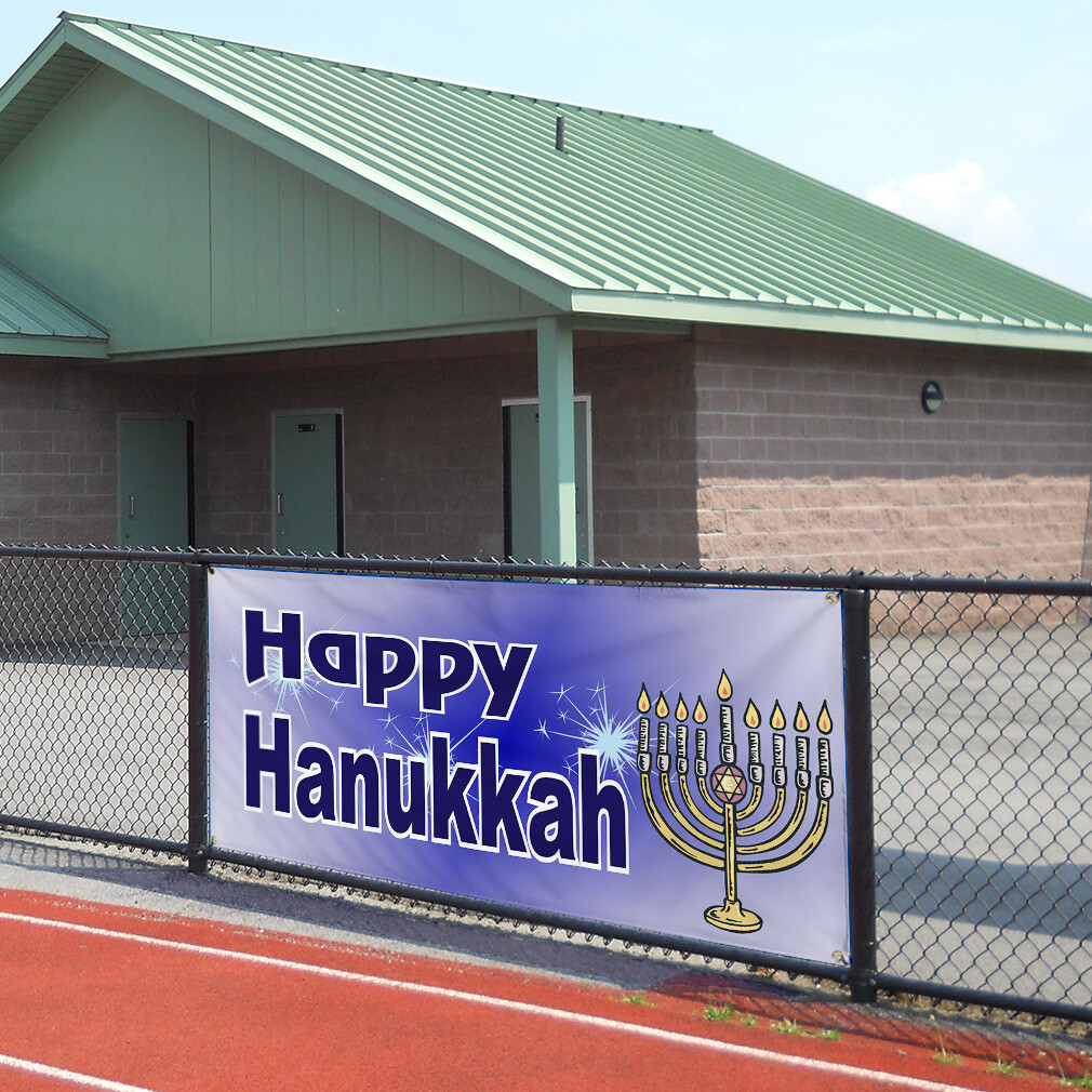 Vinyl Banner Multiple Sizes Happy Hanukkah Jewish Menorah Holidays and Occasions
