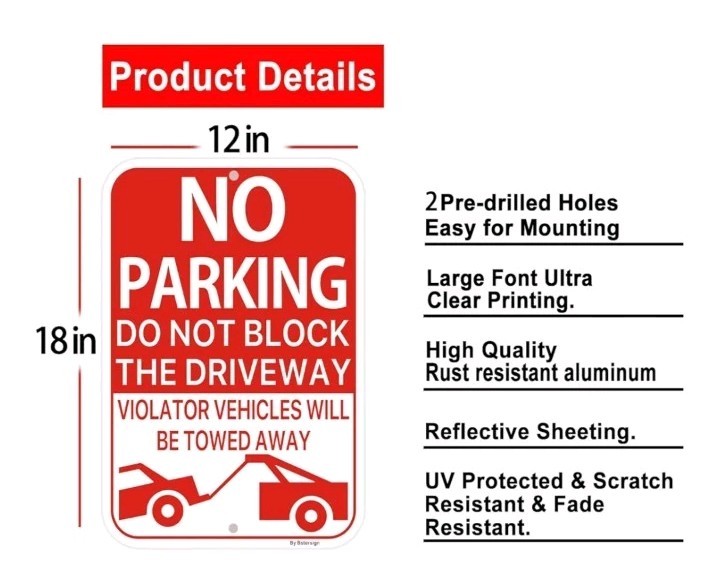 2 Pack Large No Parking Sign, 18 x 12 Inches Do Not Block Driveway Sign, Metal