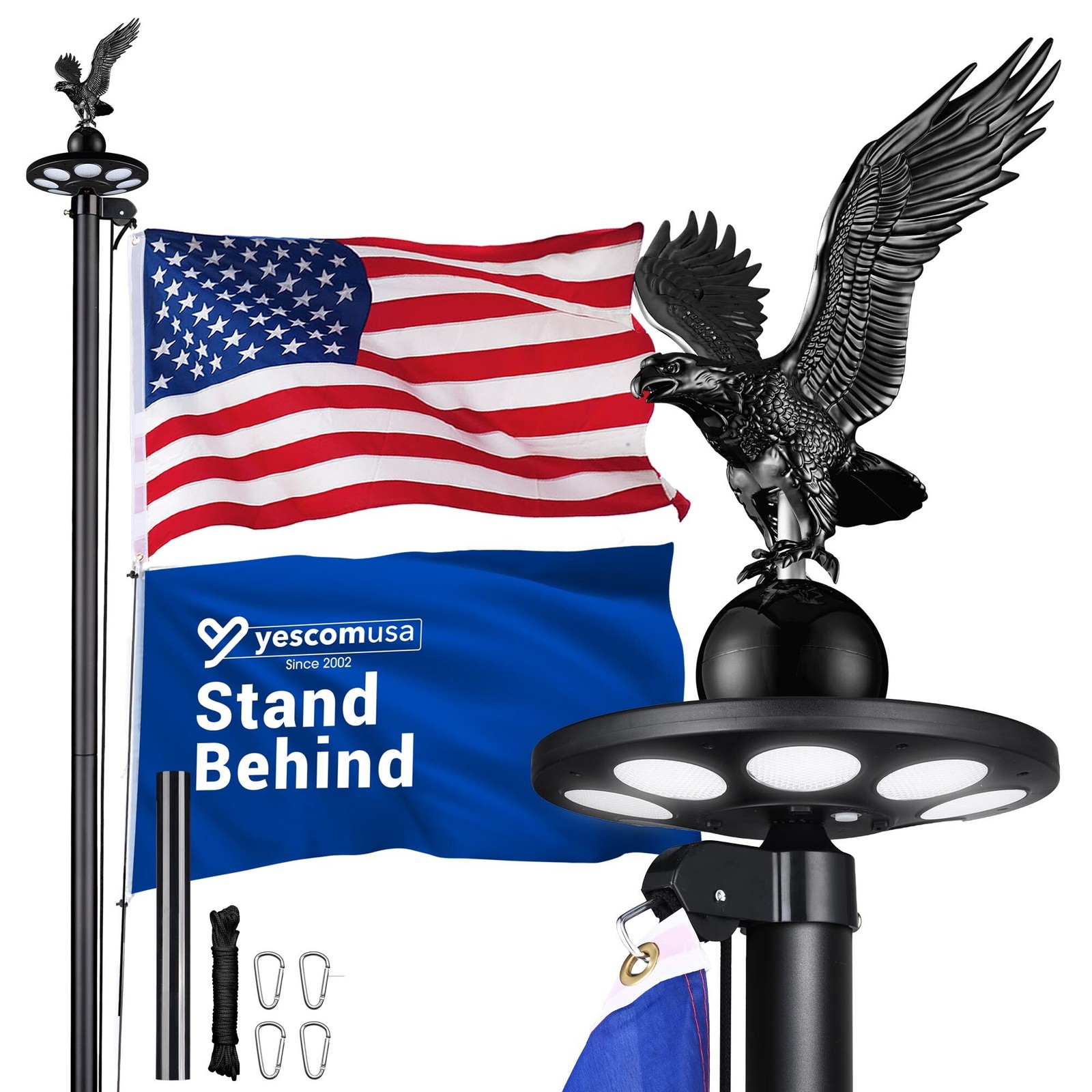 Yescom 20&prime; Sectional Aluminum Flag Pole Kit w/ Solar Light US Flag Eagle Topper