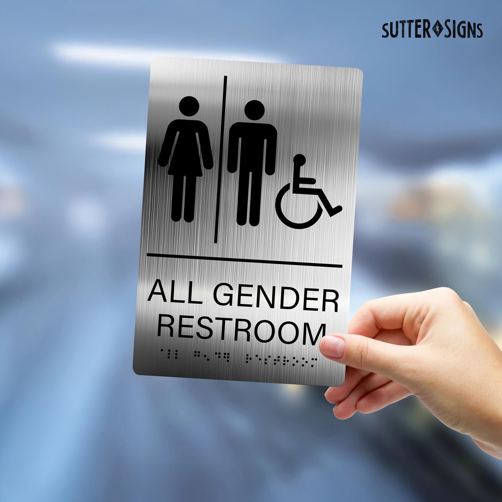 All Gender Restroom Sign Braille Gender Neutral 6×9 Inch Adhesive Black