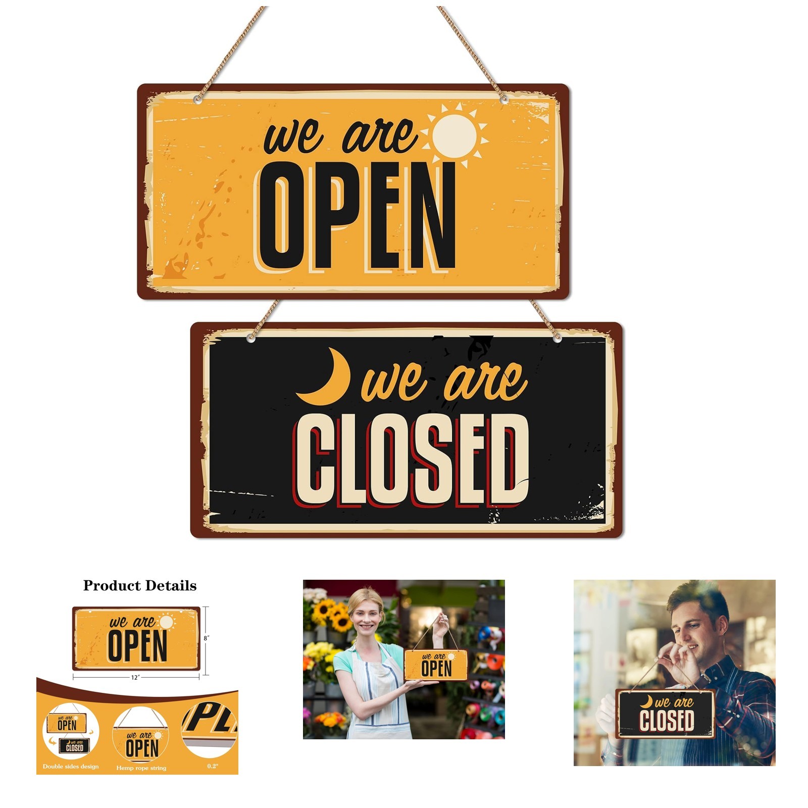 Double Sided Open Closed Sign for Business 12 Inch Luminous Rustic Vintage Shop
