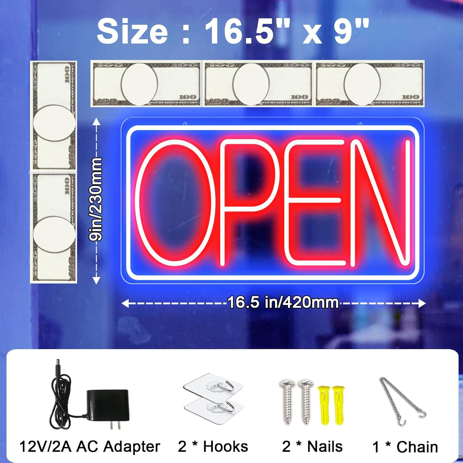 16.5&Prime; X 9&Prime; Led Neon Open Signs for Business – 12V/2A Ultra Bright Led Neon Sign