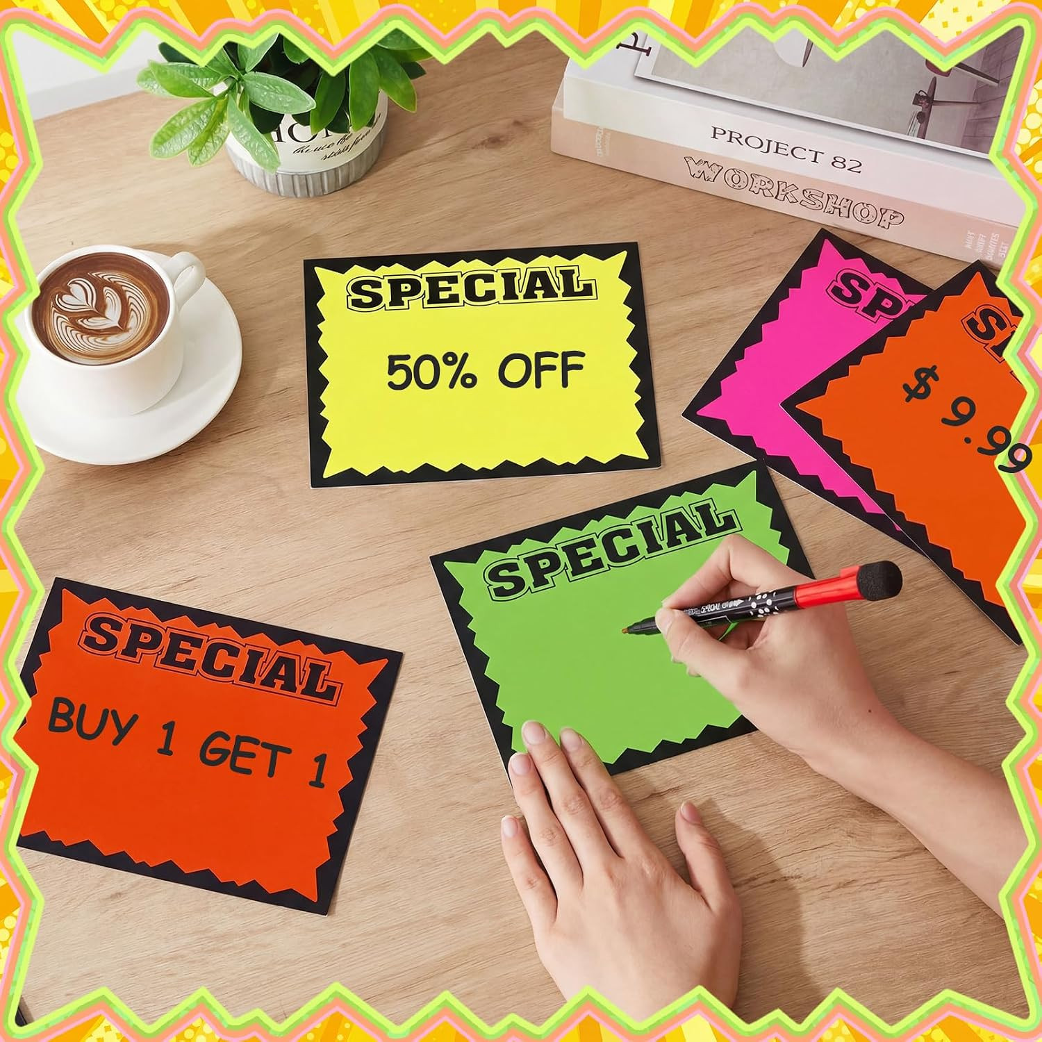 Eaasty 100 Pcs 5.5&Prime; X 7&Prime; Starburst Signs, Fluorescent Neon Special Retail Sign C