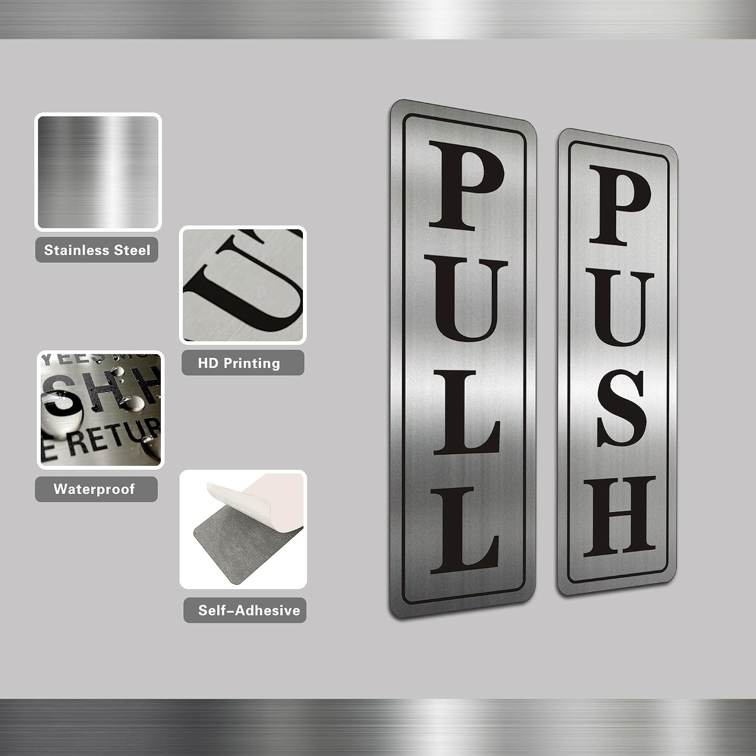 Metal Stainless Steel Push Pull Signs for Door,With Self Adhesive,5.5X1.7In