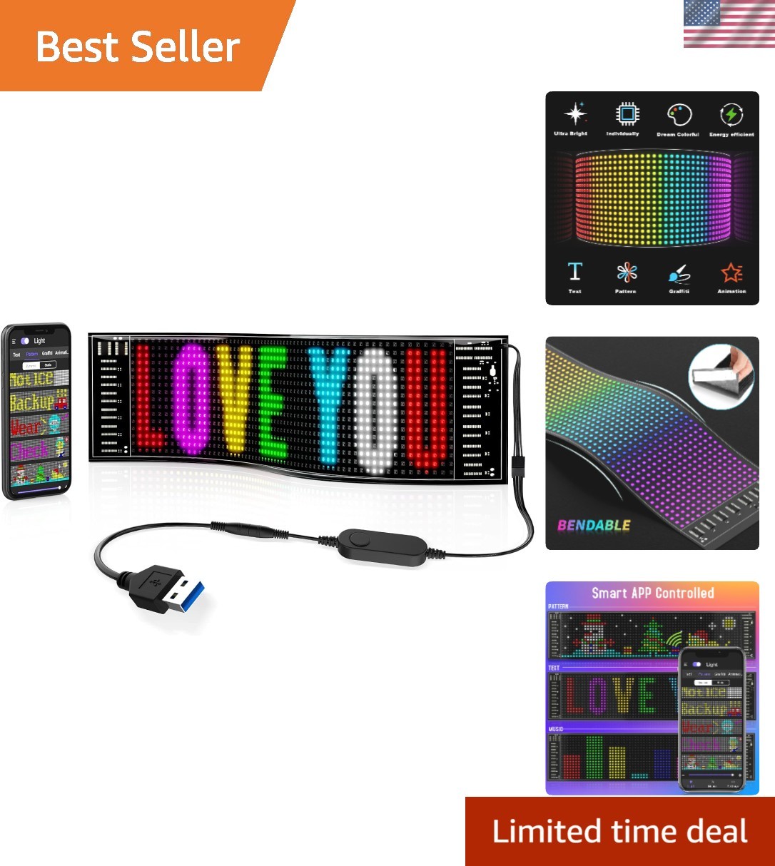 Scrolling Bright Advertising LED Signs, Flexible USB 5V LED Car Sign Bluetoot…