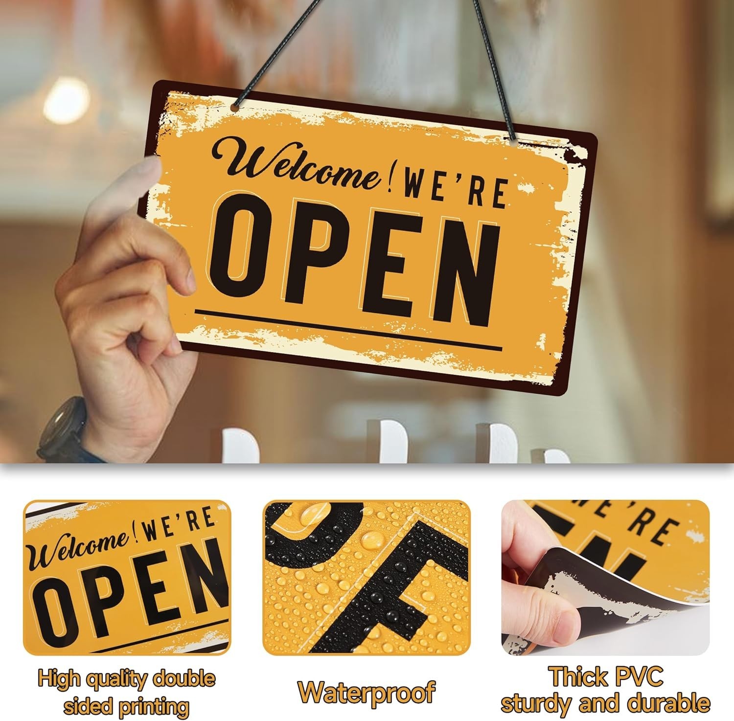 Open Closed Sign for Business, 10&Prime; X 6&Prime; Double Sided Plastic Sign with Twine, Su