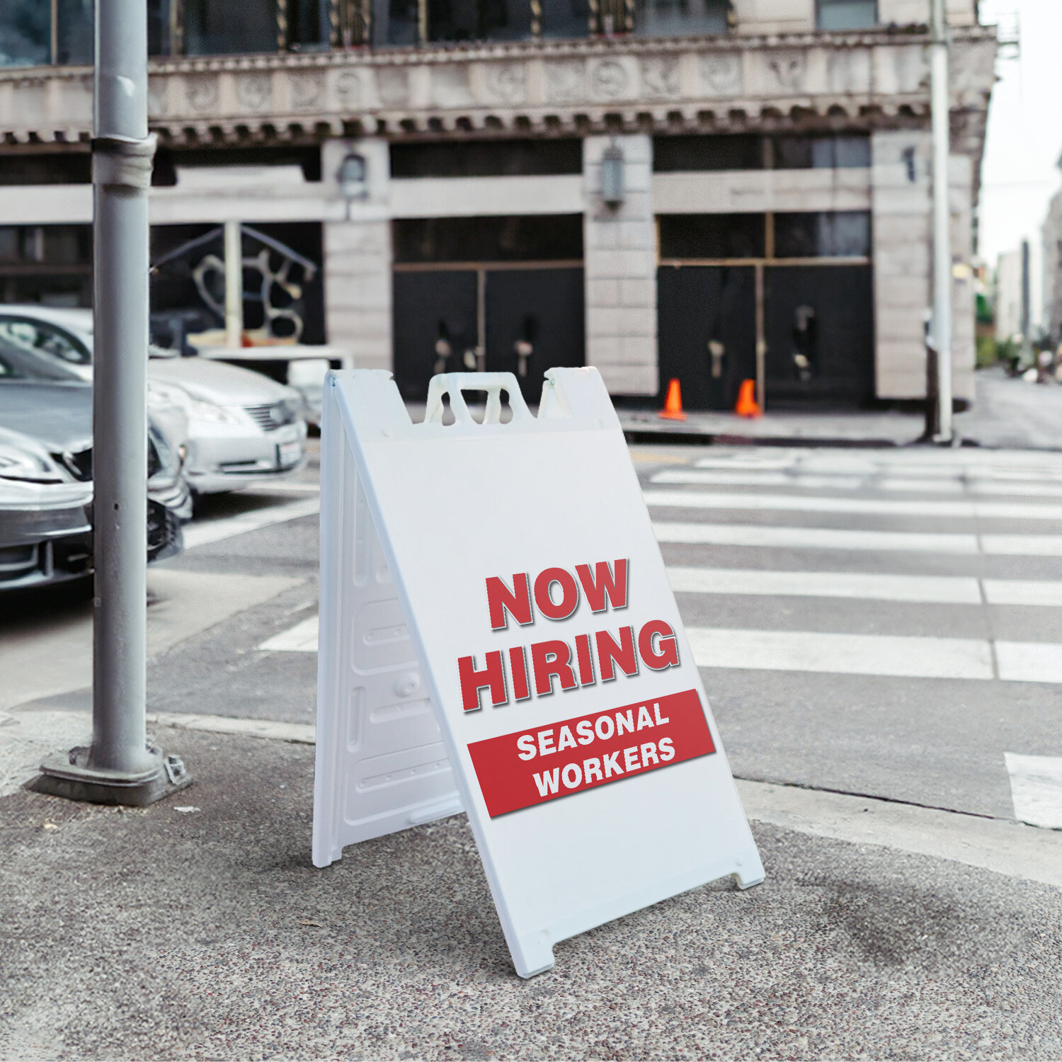 A-frame Sidewalk Now Hiring Seasonal Workers 24&Prime; x 36&Prime; Double Sided A-Frame Side