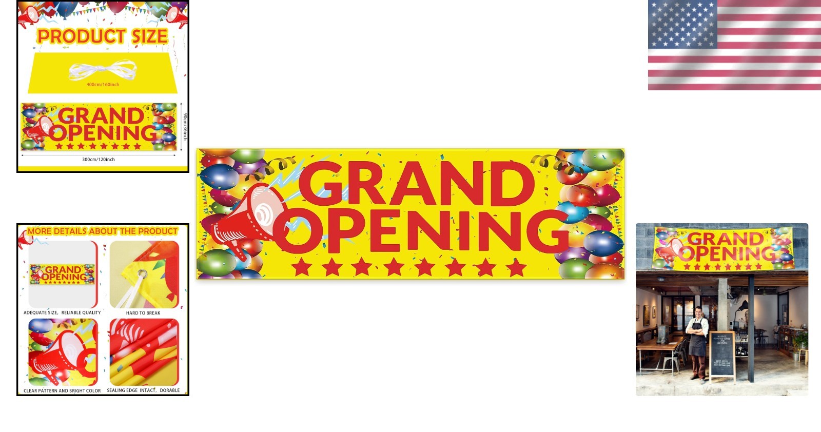 Grand Opening Banner 3×10 ft Oxford Cloth Sign Plus Rope Shop Celebration Decor
