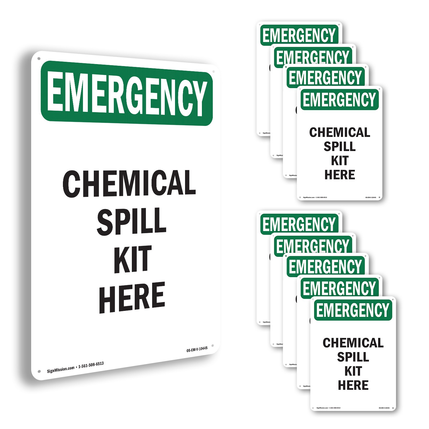 Chemical Spill Kit Here OSHA Emergency Sign Metal, Plastic, Decal 5 or 10 Pack