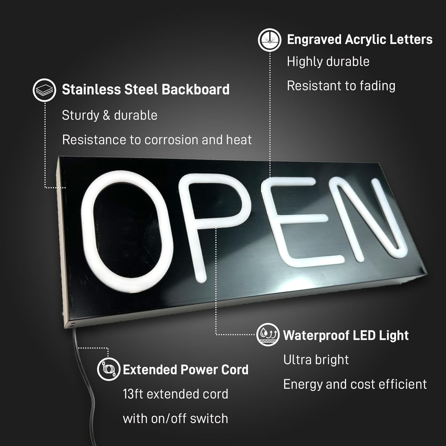 Large Waterproof LED Open Sign 19.7×8 Ultra Bright Outdoor Business Store Displa