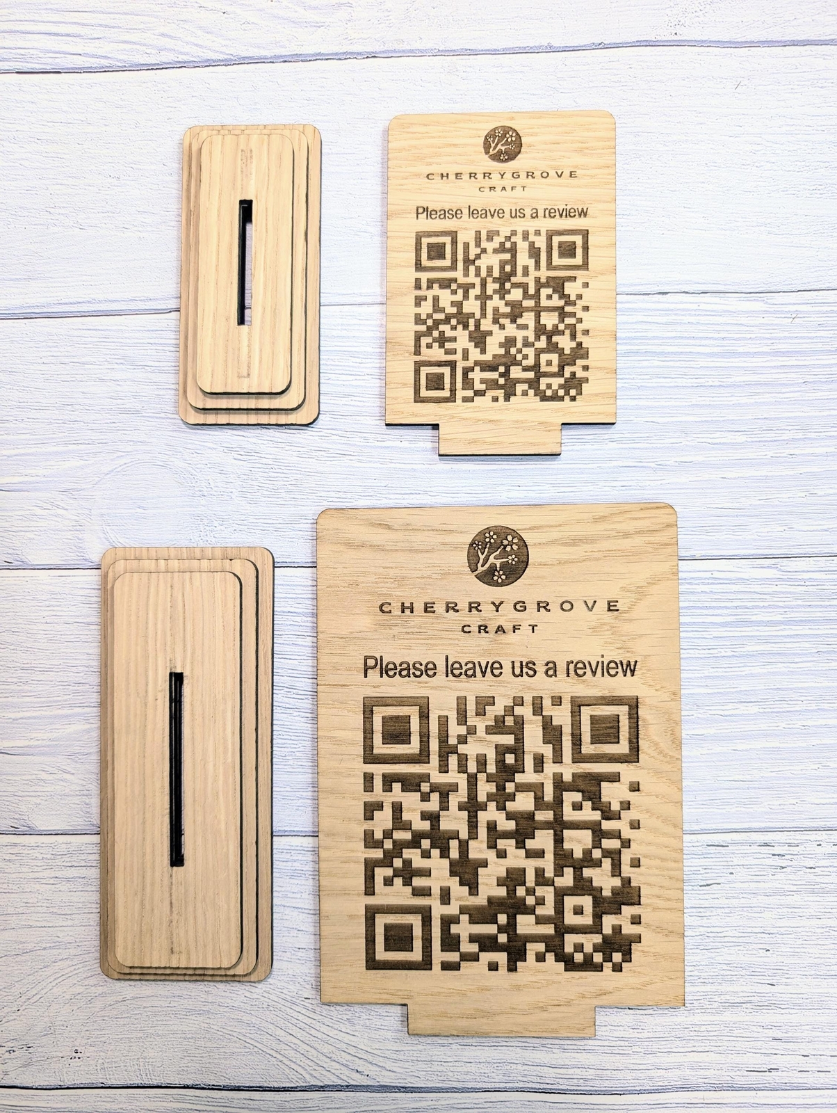 QR Code &lsquo;Leave us a review&rsquo; Custom Wooden Table Signs, Personalised Logo & Link