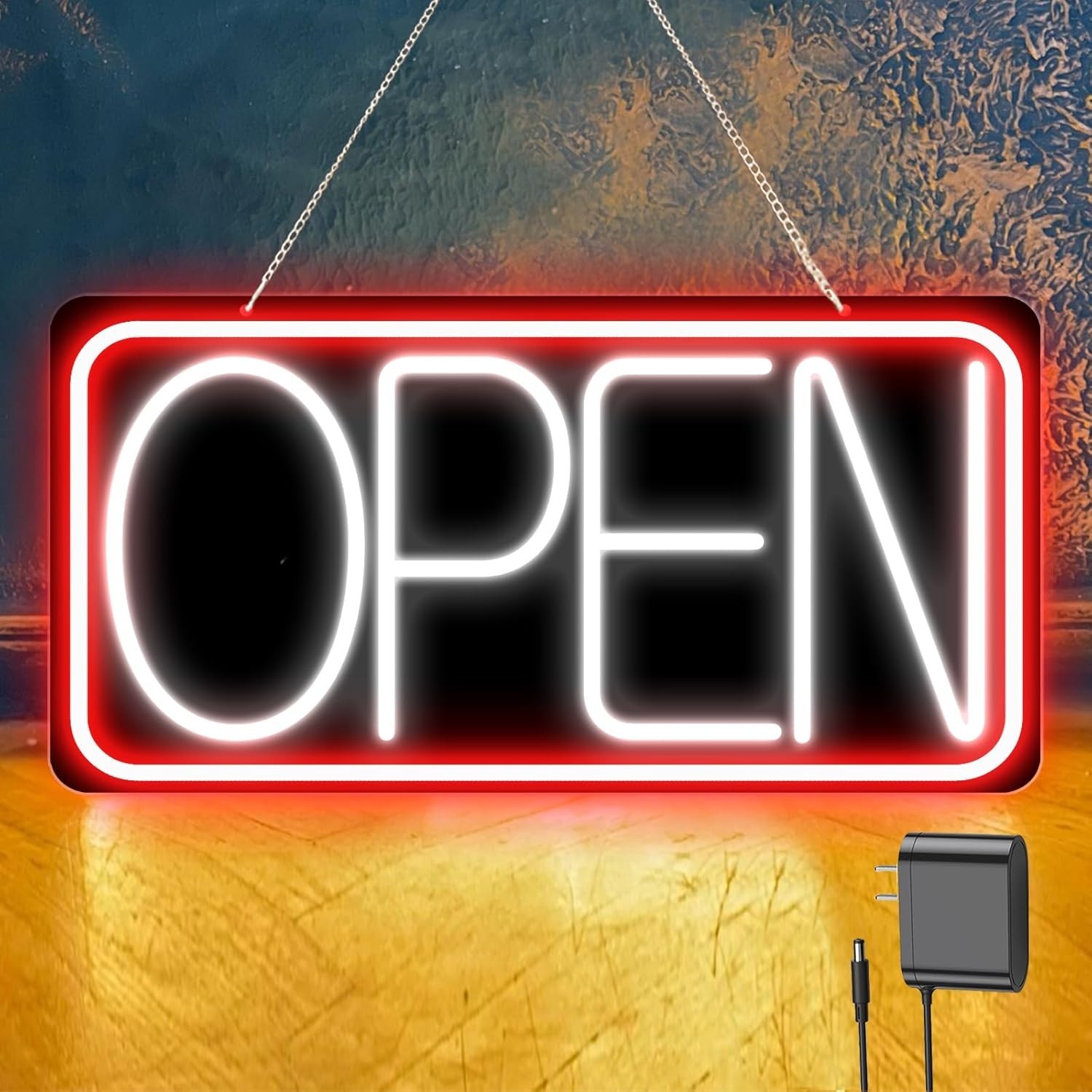 NEW 22×11 LED Neon Open Sign Plug In Light w ON OFF Switch Black Backplate