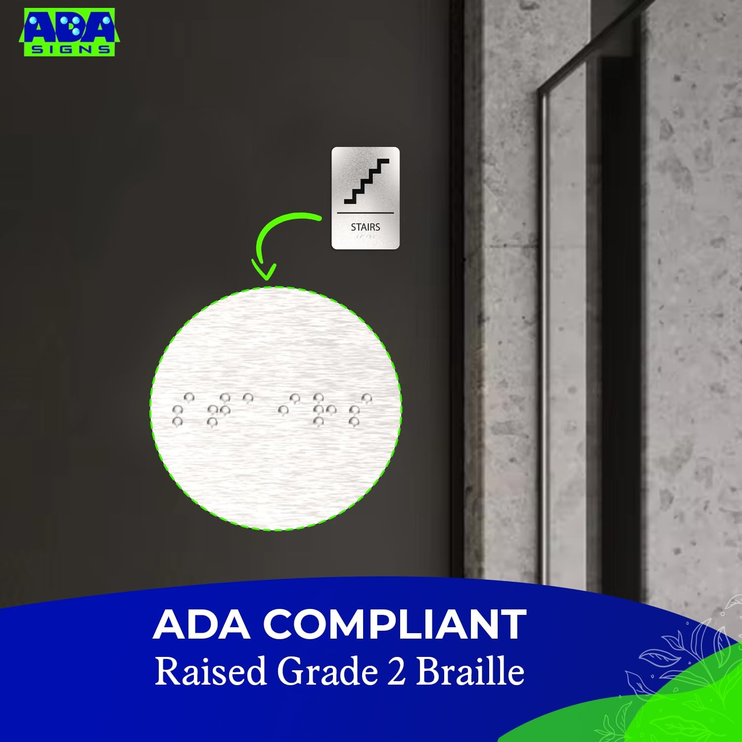 ADA Stairs Sign 6×9 Inch Brushed Aluminum Braille Tape Wall Placard Office