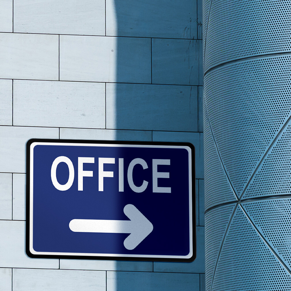 Horizontal Metal Sign Office Blue with Right Arrow Facility Property