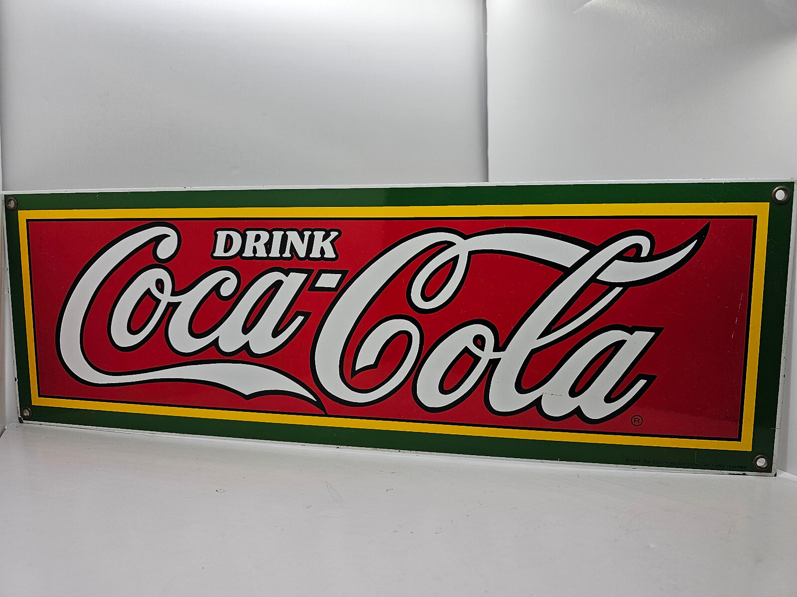 Vintage 1989 Coca Cola Porcelain Advertising Sign Classic Red & Green 18&Prime; x 6&Prime;