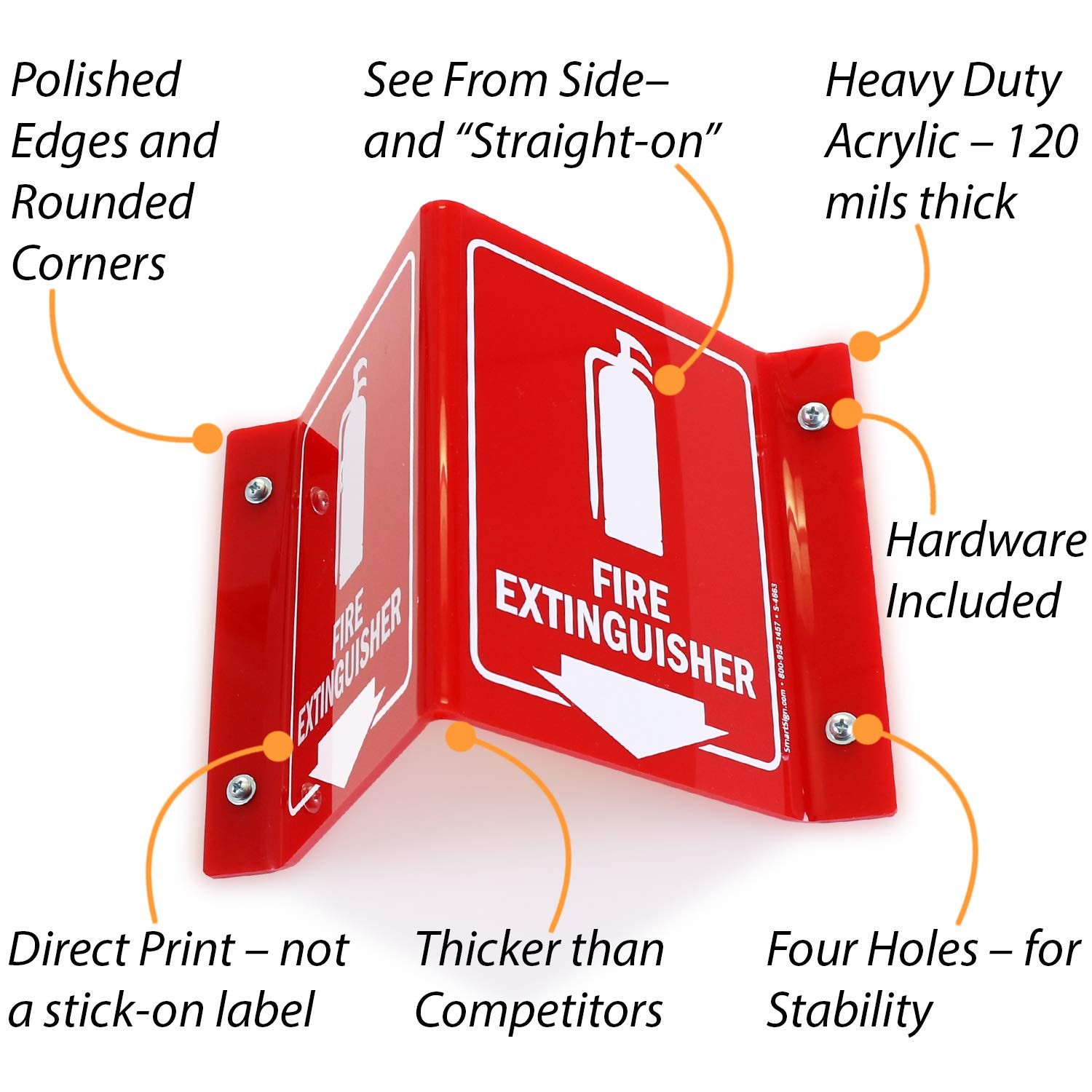Fire Extinguisher Projecting Sign Arrow 6 Inch White Red Polished Acrylic