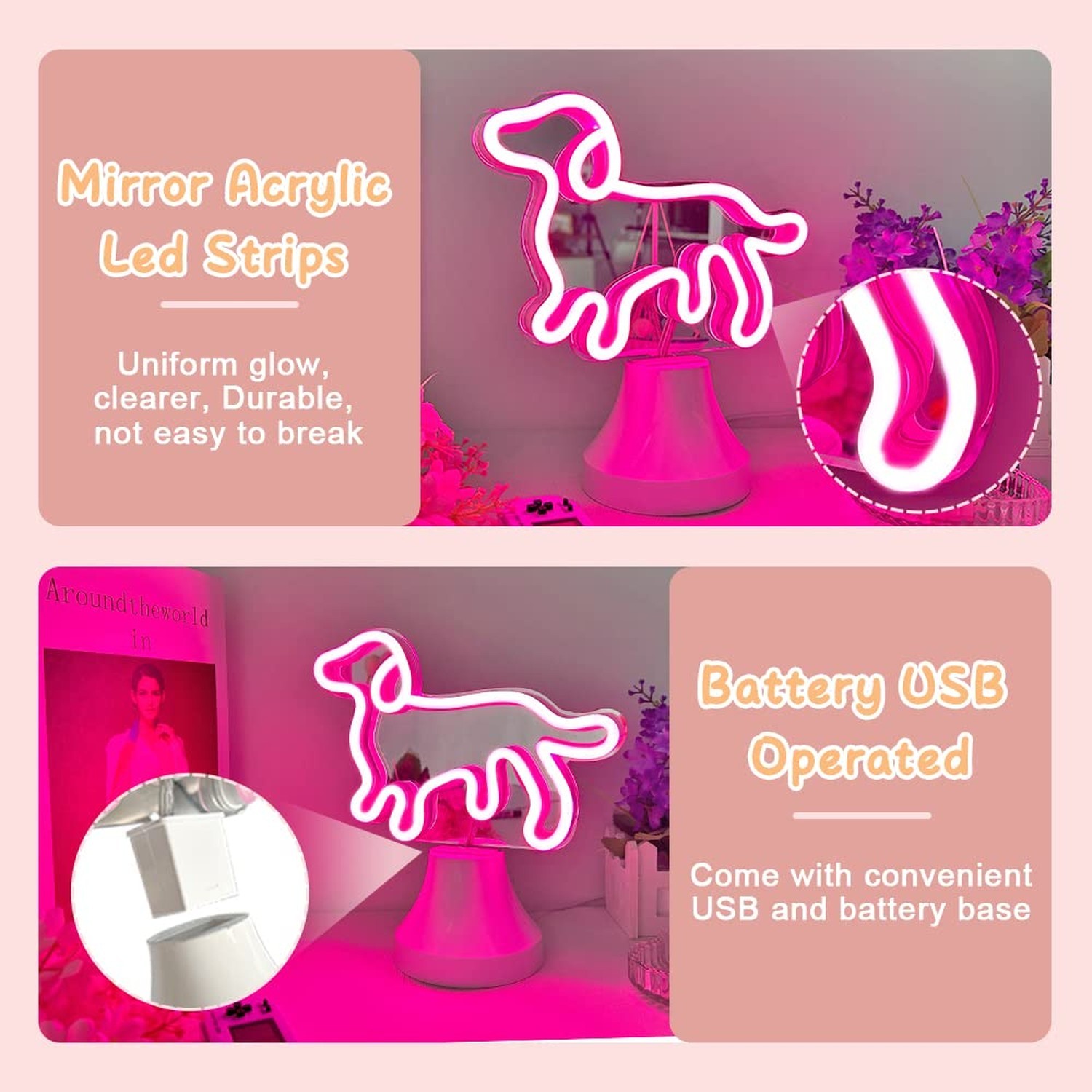 Dog Neon Sign for Room Decor, Neon Mirror Table Light, USB & Battery Operated…
