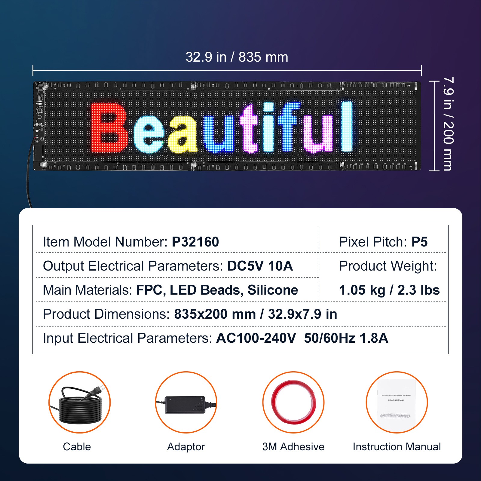 VEVOR 33&Prime;x8&Prime; LED Scrolling Sign Display Board P5 Full Color Programmable