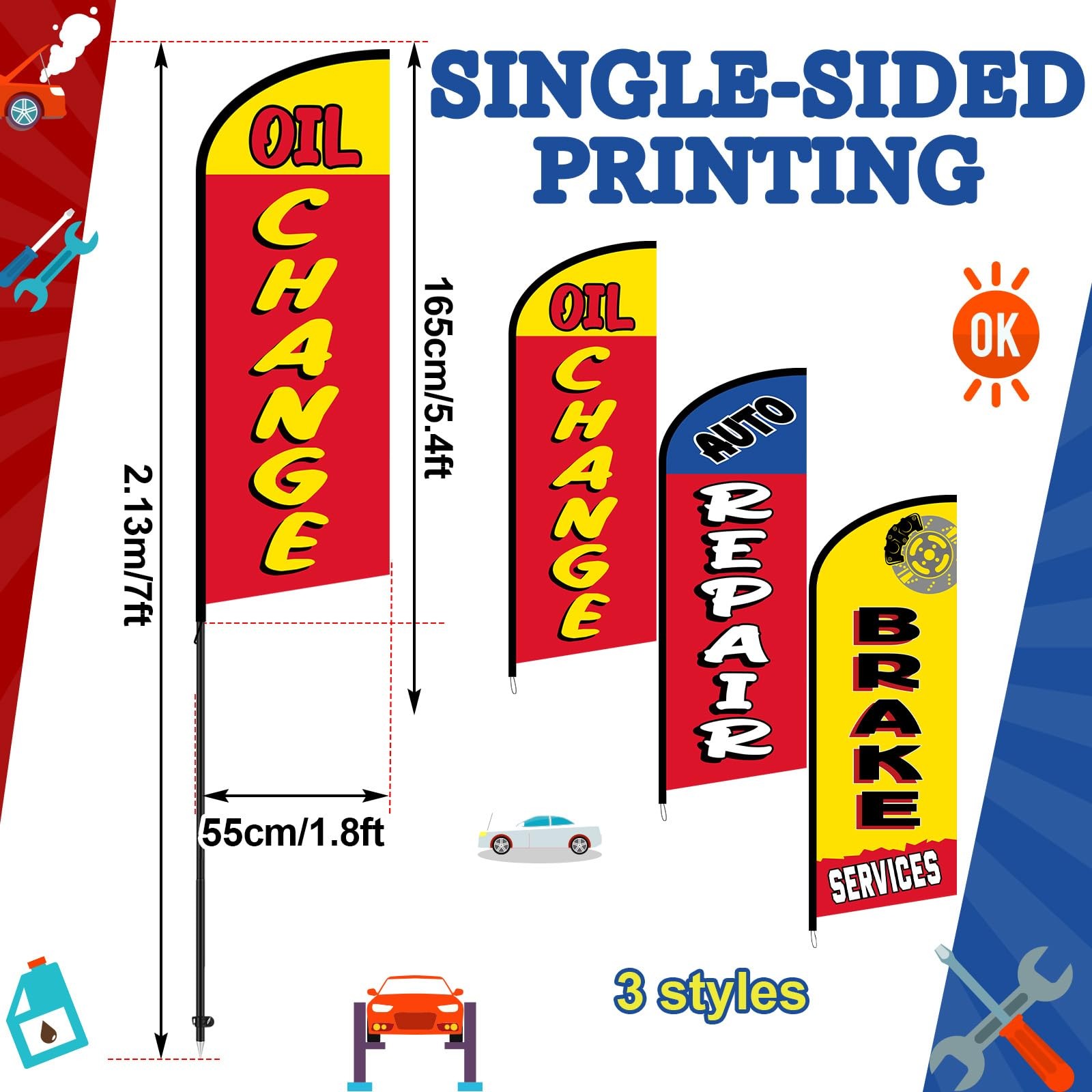 Hahafelt 3 Sets Auto Repair Feather Flag Pole Kit 7 Ft Large Advertising Flags