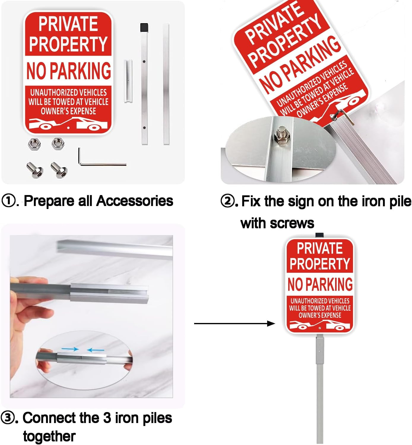 (2 Pack) Large Private Property No Parking Sign with Stake 36&Prime; Tall | 14&Prime; x 10&Prime;