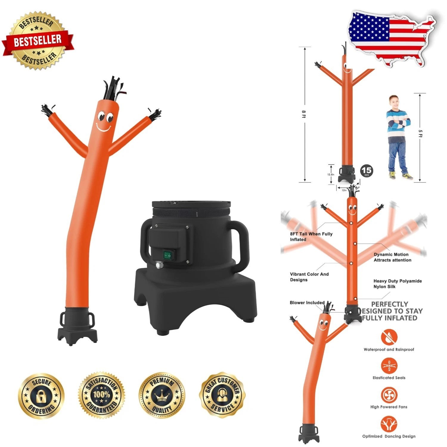 8ft Orange Fly Puppet Dancer – Durable Rip-stop Nylon, 1/3HP Blower, Tear Res…