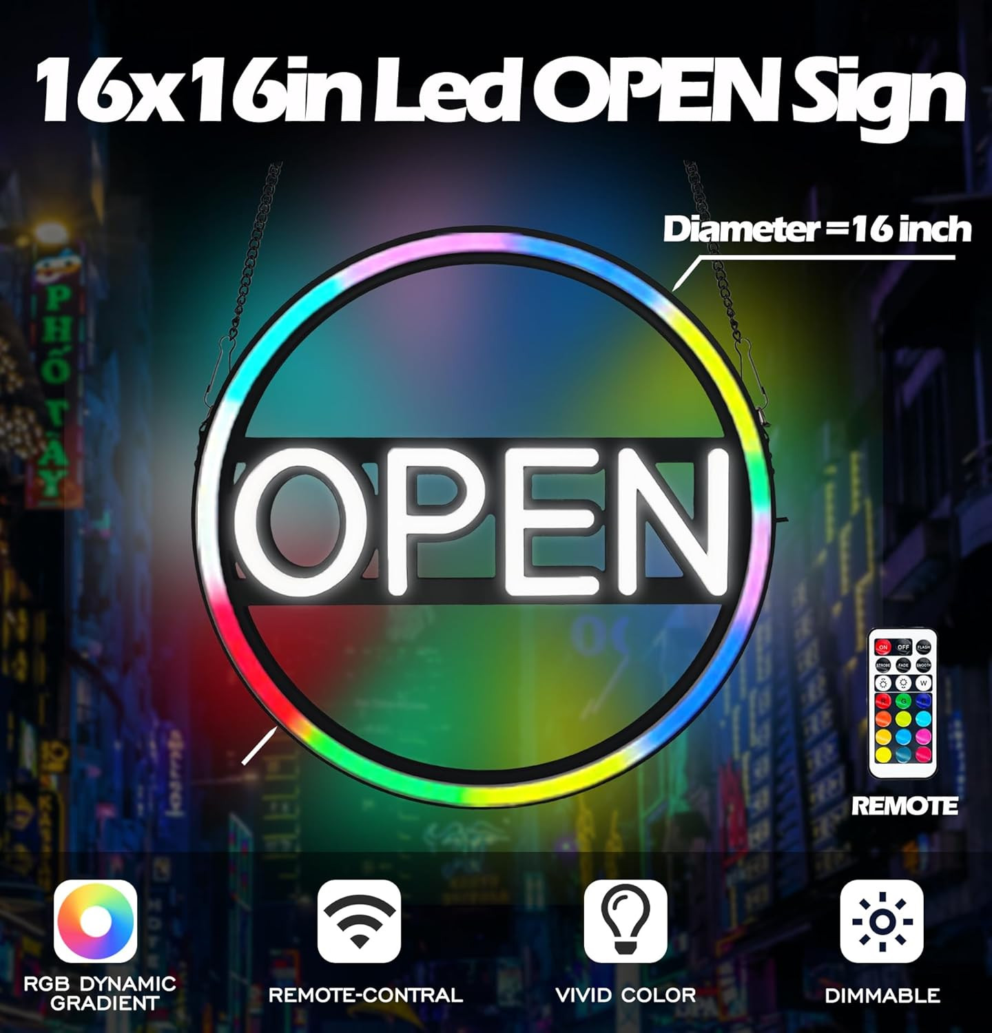 LED Neon Open Sign – 16&Prime; Multicolor Light for Business & Retail Storefronts